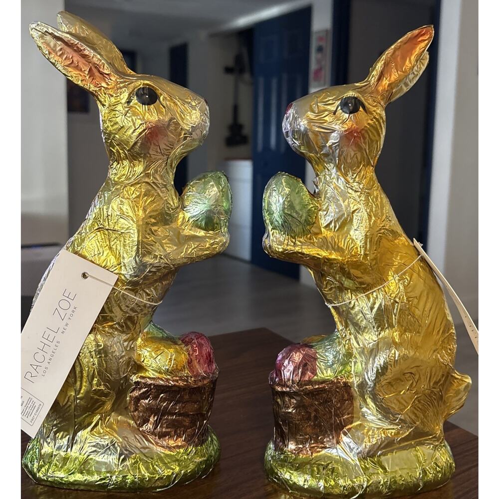 NWT Set 0f 2 Rachel Zoe Easter Bunny Faux Gold Foil Chocolate Rabbit 11.75"